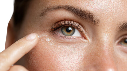 Woman applying skincare product around her eye, focus on beauty routine and self-care.