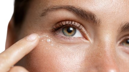 Woman applying skincare product around her eye, focus on beauty routine and self-care.