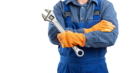 Worker in blue jumpsuit holding an adjustable wrench, ready for mechanical tasks, isolated on white background.
