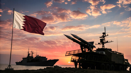 Patriot Day Qatar Flag Waving with Missile Launcher and Warship Silhouette
