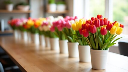 Multicolored tulips in white vases on a table. Bright pink, yellow and red flowers create a fun, bright atmosphere perfect for spring and floral designs.