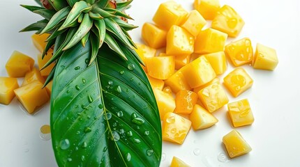 Freshly cut pineapple with green leaves and water droplets on a white surface