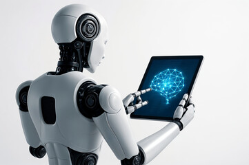 robot with laptop, 3d render