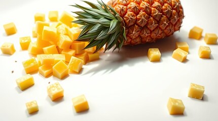 Freshly cut pineapple with green leaves and scattered pieces on a white surface