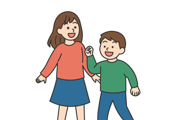 Family Celebrating Spring Season (Mother and Two Children)Cherry Blossom Park Background in Spring

