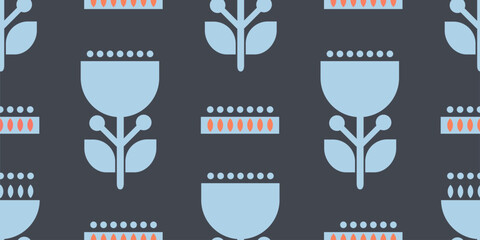 Stylized vintage pattern with seamless floral motifs and geometric shapes in blue colors. Ideal for textile design, wrapping paper, wall decor, and creative retro projects