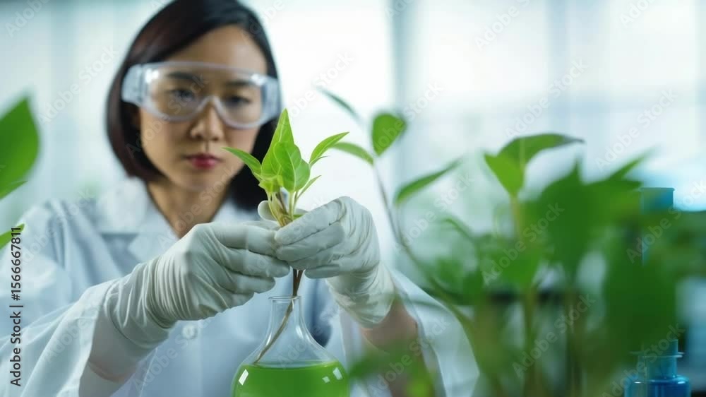 Poster scientist in a lab coat examines plants in a flask. close-up angle emphasizes precision. ideal for a