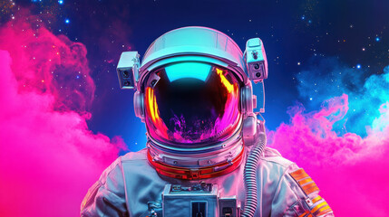 Astronaut in helmet surrounded by stars, showcasing cosmic chaos.