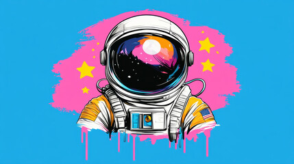 Astronaut in helmet surrounded by stars with a chaotic design theme.