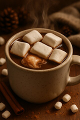 Steaming Hot Chocolate with Marshmallows in Rustic Mug on Wooden Table