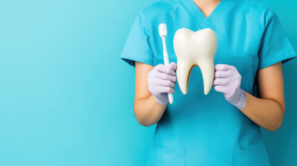 Dentist with tooth and toothbrush in a chaotic setting.