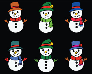 Six cute snowman characters wearing hats and scarves silhouette