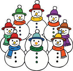 A group of cheerful snowmen wearing colorful hats and scarves silhouette