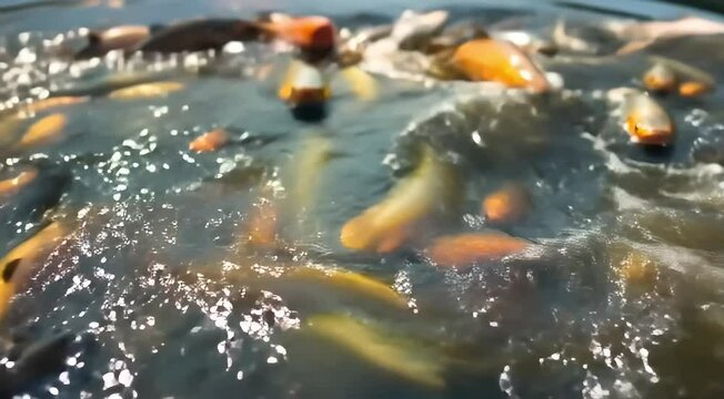 An abstract blue ocean ripple with a green frog and fish swimming in clear, reflective river water 4k animal video footage
