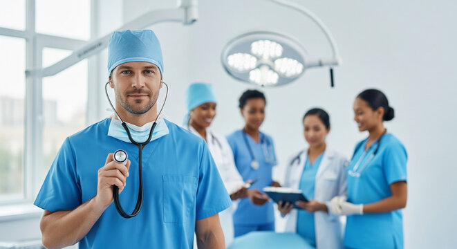 Portrait of a confident lead surgeon. A multi-ethnic medical team of doctors and nurses collaborates in a modern hospital operating room or clinic