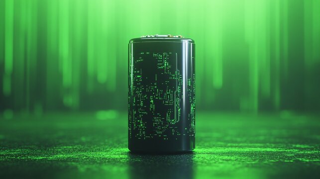 futuristic energy drink can with digital code design in neon green setting