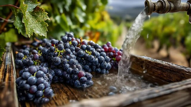 Abundant Dark Grapes in Wooden Container Filled with Water at Vineyard Under Natural Daylight