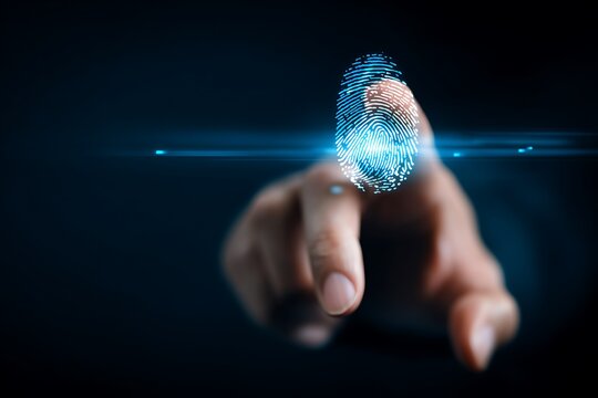 Illustration of a hand touches a glowing blue fingerprint illustration, representing digital security - Powered by Adobe