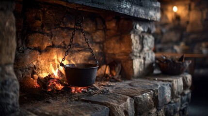 A rustic fireplace with a hanging pot over burning logs and a stone hearth in a dimly lit room