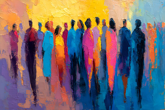 Crowd of people walking in a colorful impressionist painting