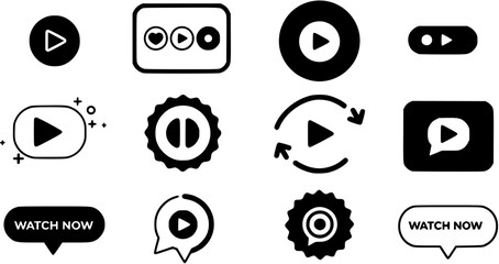 Set of Watch now buttons. Play video buttons in flat style. Watch video. Play now. Web media. Online translation. Set of vector modern trendy flat buttons for website. UI element. Vector illustration