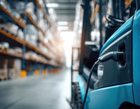Electric forklift charging in a modern warehouse, showcasing sustainable logistics and efficient operations.