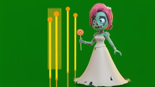 Cartoon zombie bride holds lollipop; green background with yellow posts