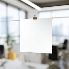 Blank white square paper clipped and suspended in a modern office space, ready for customizable mockups.