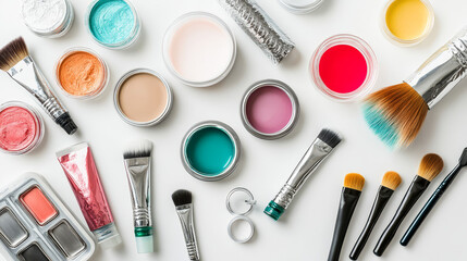 makeup brush set and makeup products on a white background