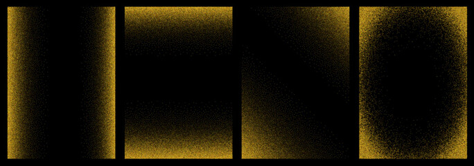 Naklejka premium Set of golgen confetti overlays. Collection of vertical template with glittering effect. Noise grain background. Trendy templates with gold colored dust particles. Gradient diffuse dots.Vector
