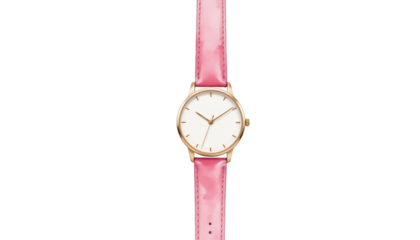 Stylish pink watch with gold case and white dial, a perfect blend of elegance functionality