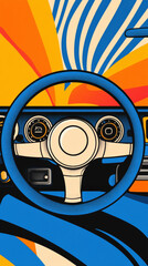 Taxi driver illustration featuring a car icon and steering wheel.