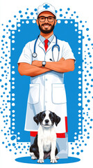 A veterinarian examining a puppy in a minimalist illustration style.