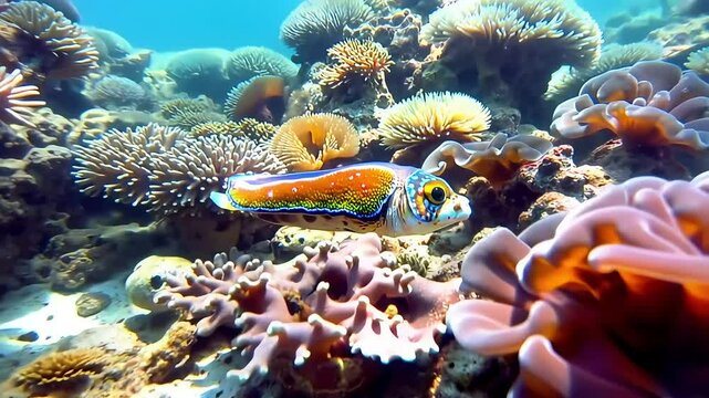 Colorful tropical fish swim among vibrant coral reefs in the clear ocean water 4k animal video footage