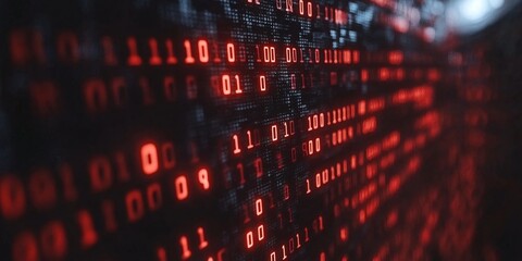 digital data stream with binary code and red glowing numbers