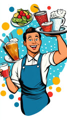 A waiter presenting a tray and menu in a chaotic restaurant setting.