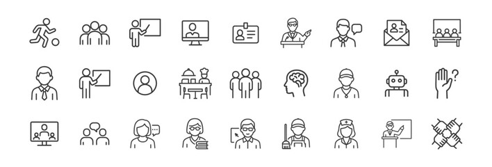 Teamwork, professions, and education line icons set. Vector