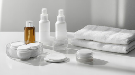 Towels, makeup remover and skincare products on a white table
