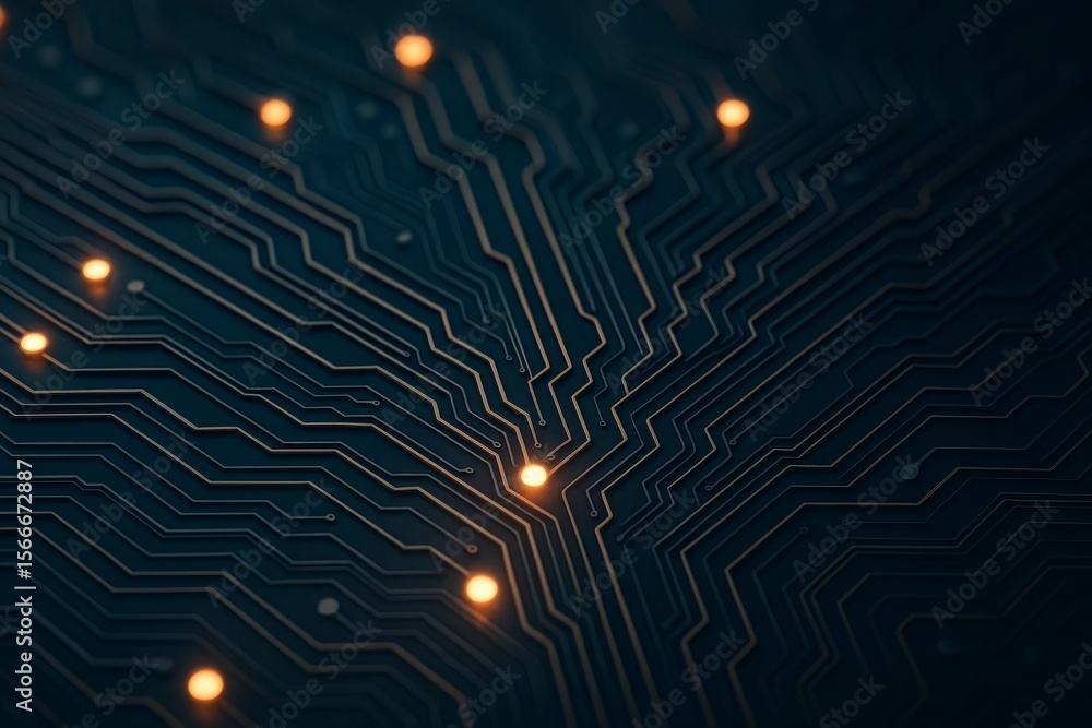 Poster abstract view of a circuit board with glowing orange connections visible