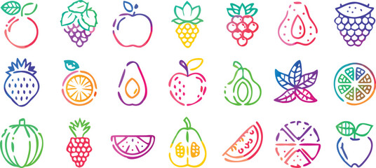 Naklejka premium Vibrant Fruit and Vegetable Line Art Icons A Collection of Colorful Illustrations