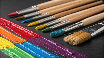 Obraz premium Close up of paintbrushes with colorful paint strokes on a dark surface creating an artistic composition