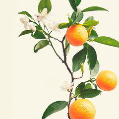 Orange tree branch with ripe fruits, green leaves and delicate white blossoms on light background, symbol of freshness, citrus farming, organic produce, summer harvest and natural vitamin source