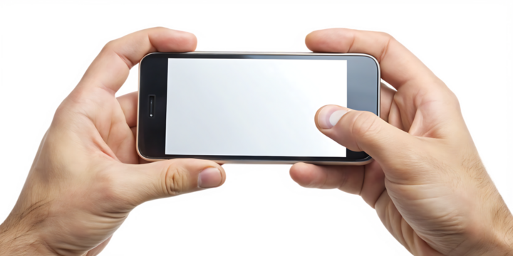 hand holding mobile blank touch screen isolated on white background, PNG