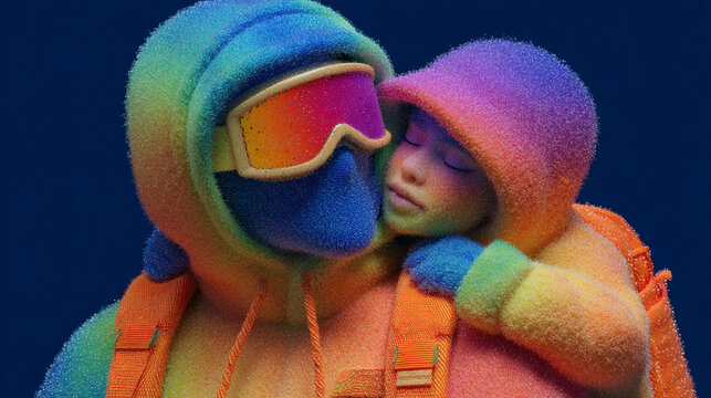 A vibrant, textured embrace between two rainbow-hued figures conveys warmth and connection against a serene blue.