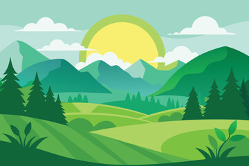 Obraz premium Green morning sunset landscape vector illustration