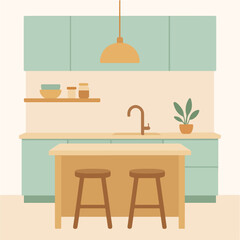 A serene illustration of a modern kitchen features a central island with stools, soft blue-green cabinets, and a warm pendant light.