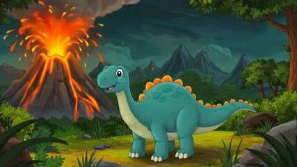 Happy Dinosaur with Volcano: A friendly dinosaur stands joyfully against a backdrop of an erupting volcano, with a hint of prehistoric landscape. capturing the whimsical nature. - Powered by Adobe