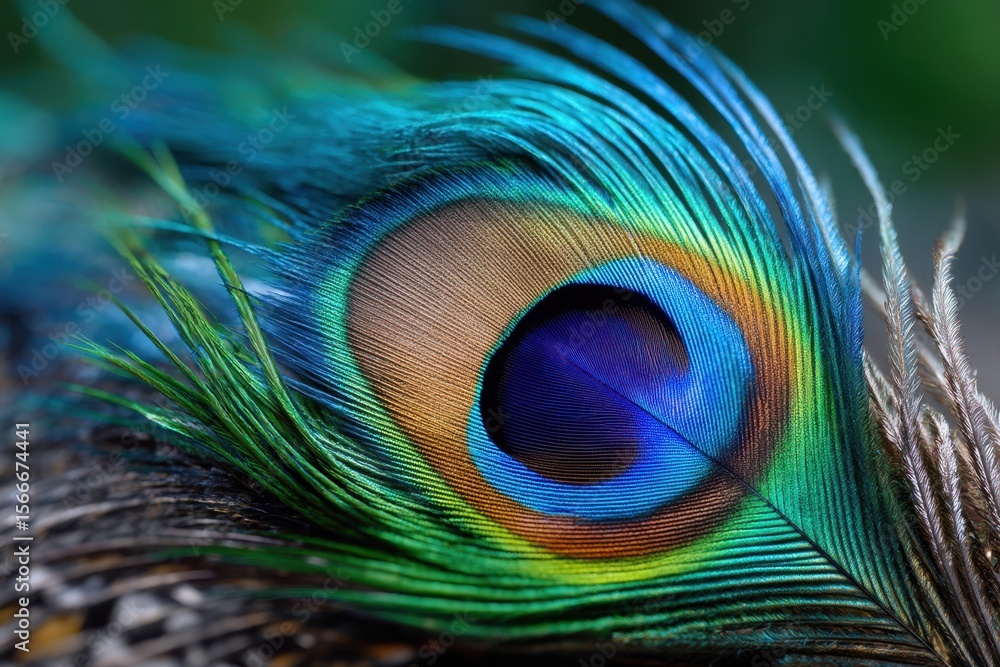Poster peacock feather showcasing vibrant colors and intricate patterns in natural setting