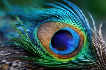 Fototapeta premium Peacock feather showcasing vibrant colors and intricate patterns in natural setting