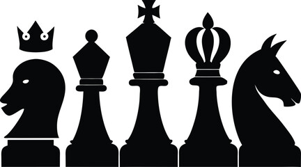 Creative Black Silhouettes of Chess Pieces with Unique Artistic Interpretations of the Knight, Bishop, King, Queen, and Crown